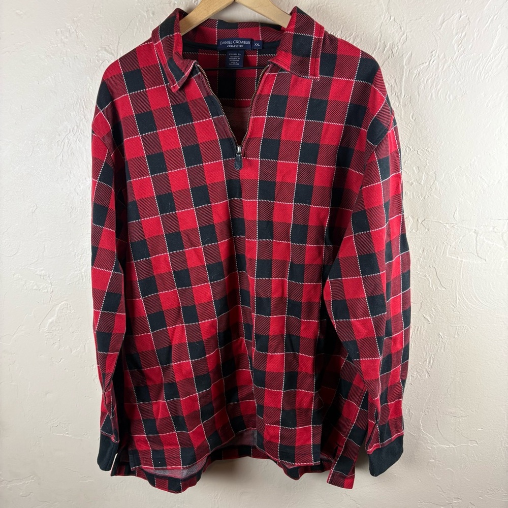 Daniel Cremieux Red Black Buffalo Plaid 1/4 Quarter Zip Shirt Top Mens XXL